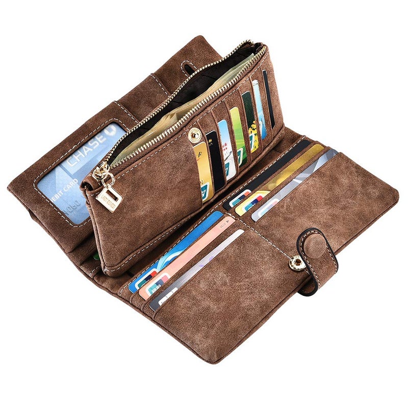 Bird&Fish Women wallet Vegan Leather wallet for women Bifold Clutch Large Capacity Card Organizer Buckle Long Purse for Girls Candy Color(Coffee) â€¦ - Image 3